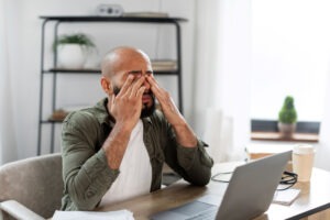 Tired male rubbing his dry eyes, on his grey laptop on brown wooden table